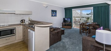 Fridge, microwave, electric kettle, toaster