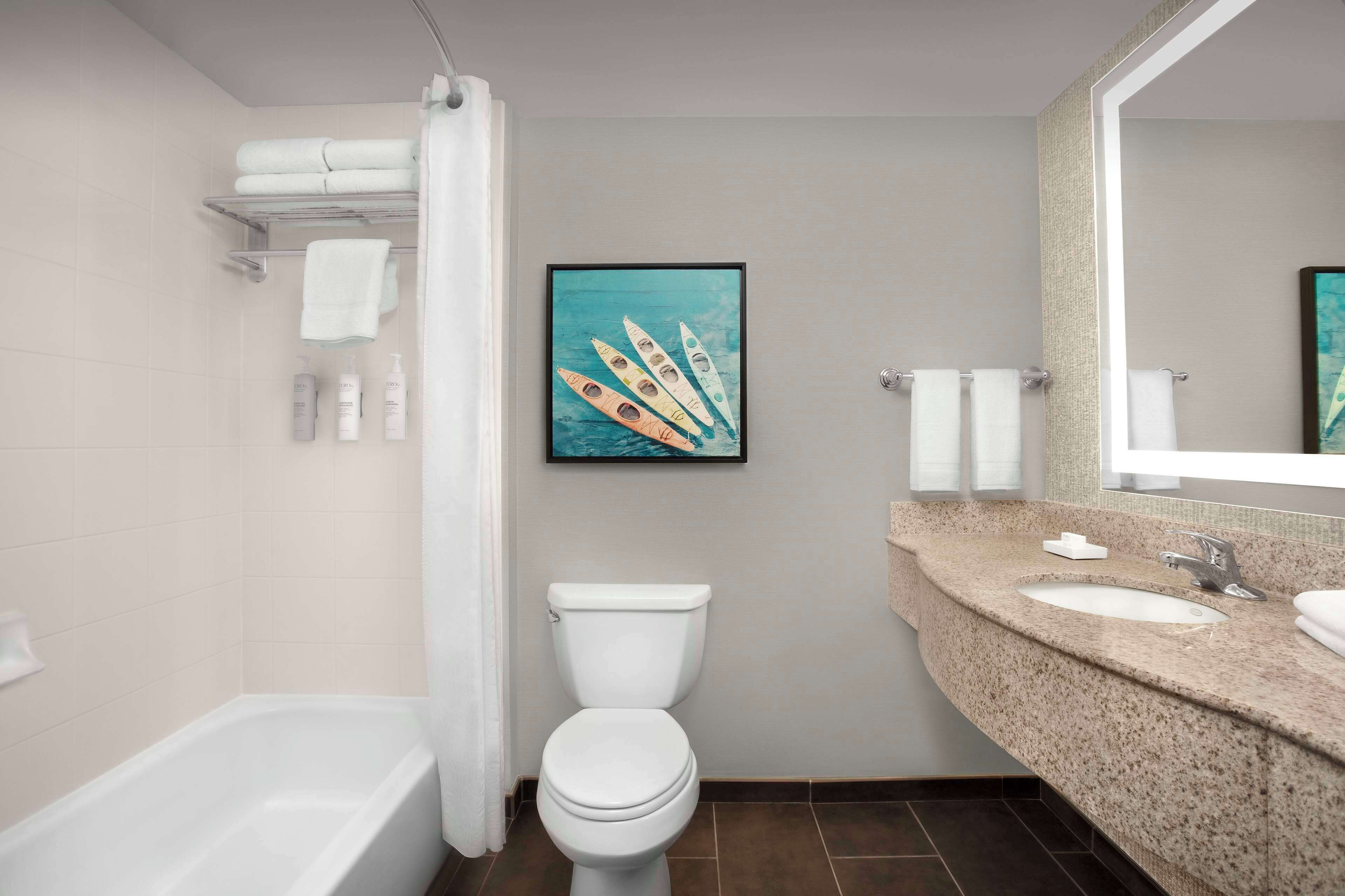 combined shower/bathtub, designer toiletries, hair dryer, towels