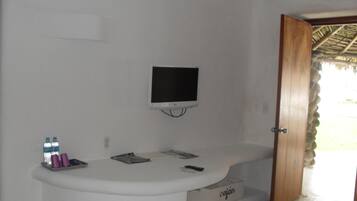 Flat-screen TV, DVD player, pay movies