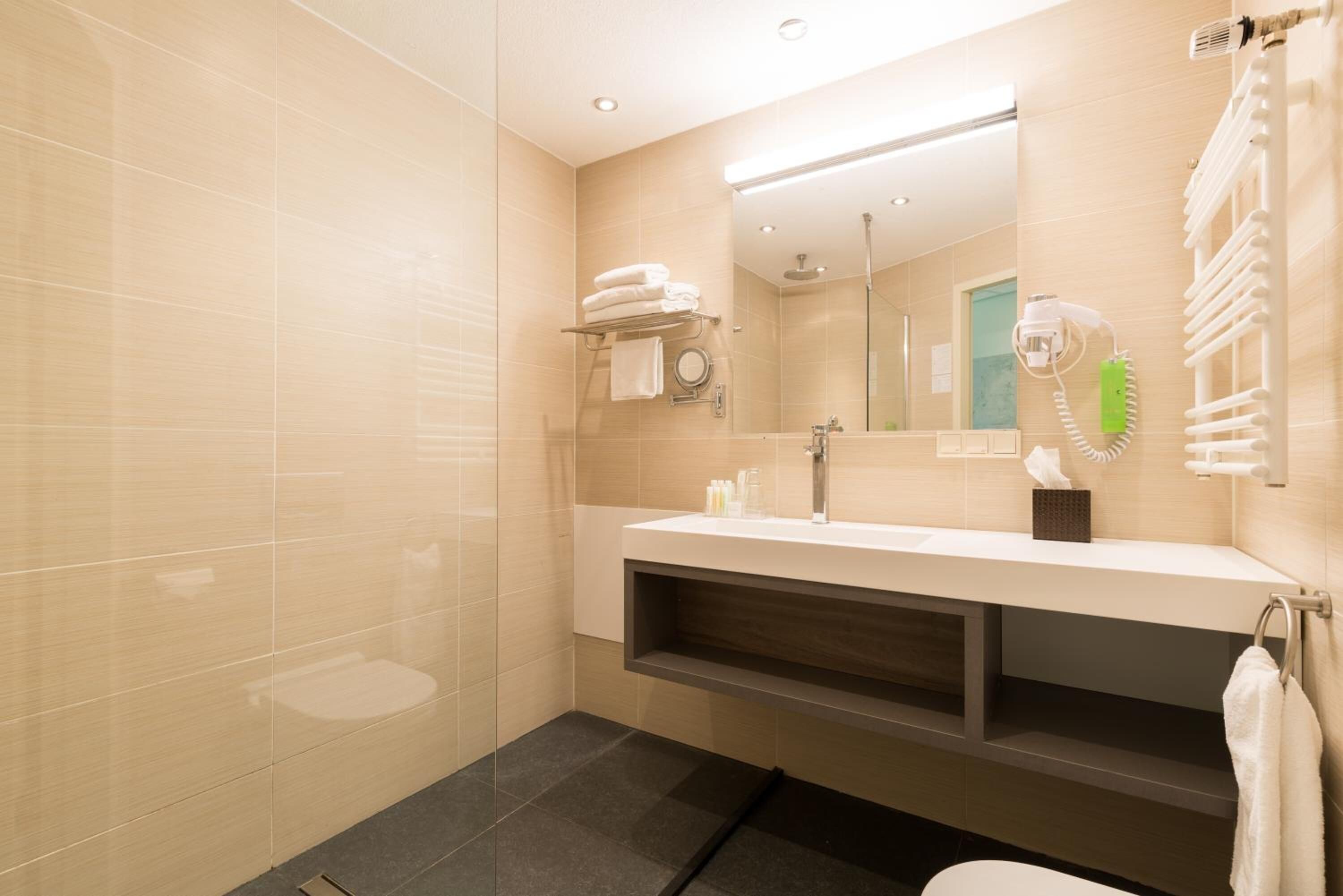 Une salle de bain moderne avec un grand miroir, un lavabo doté d’un porte-serviettes, un sèche-cheveux et un espace douche.