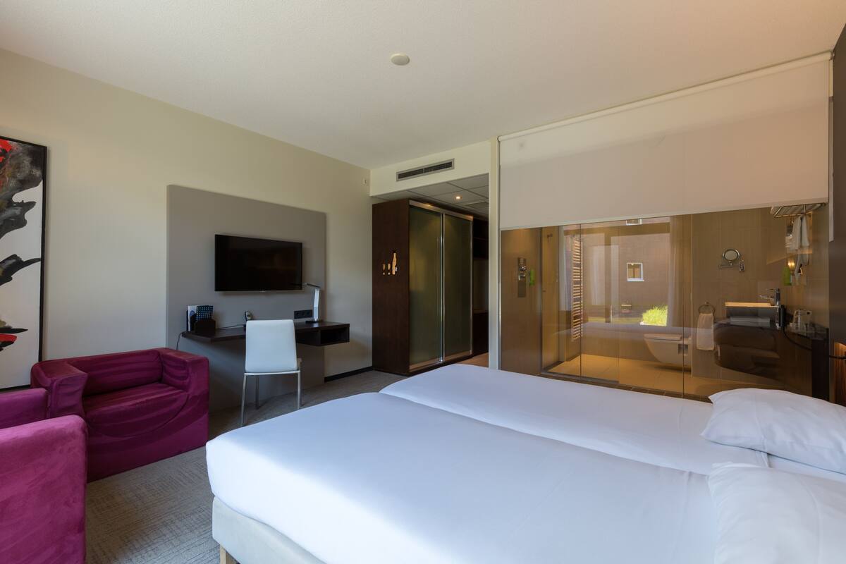 Una habitación de hotel moderna con una cama grande, un escritorio, una silla y un televisor.