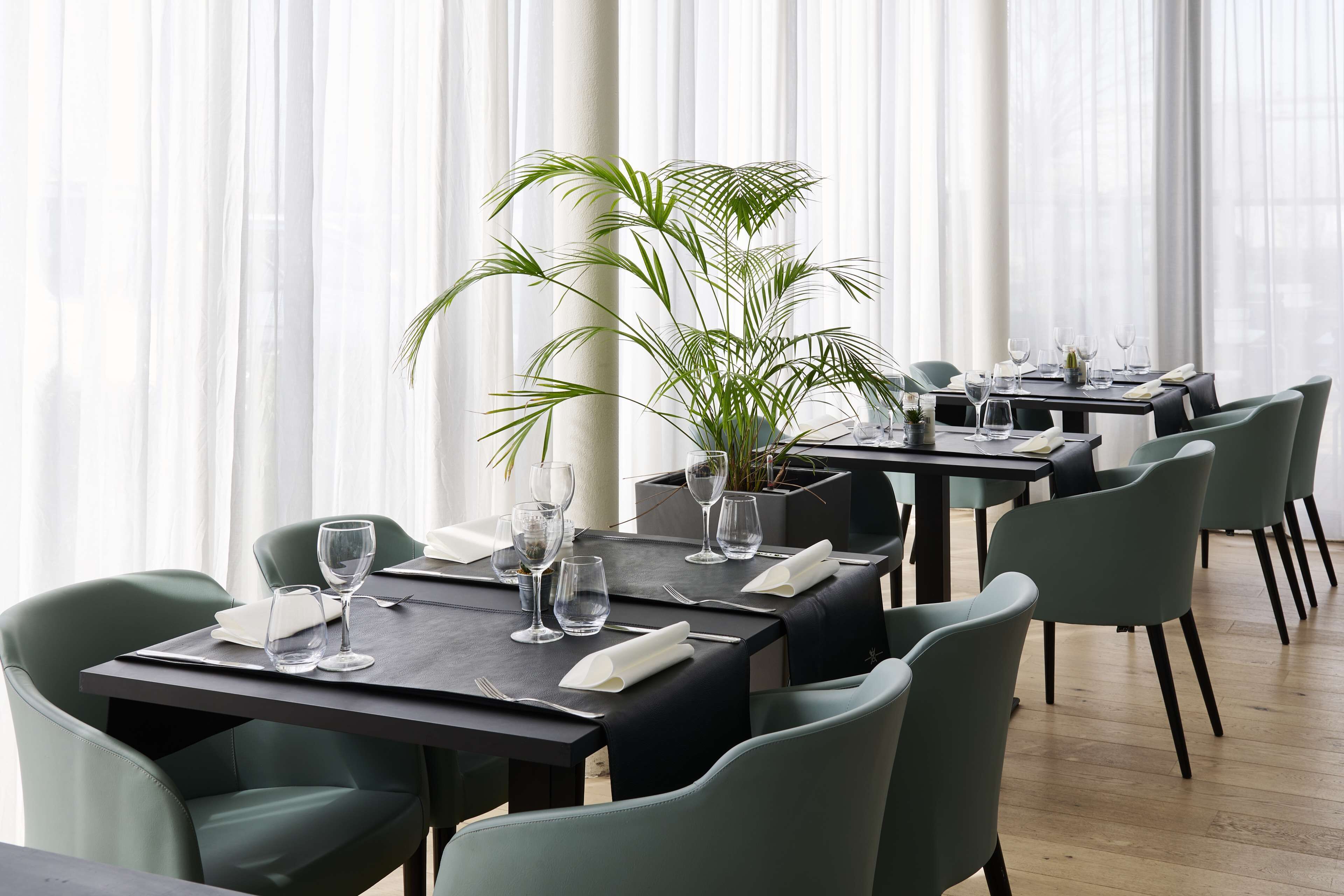 Een restaurant met gedekte tafels, groene stoelen en een plant in pot.