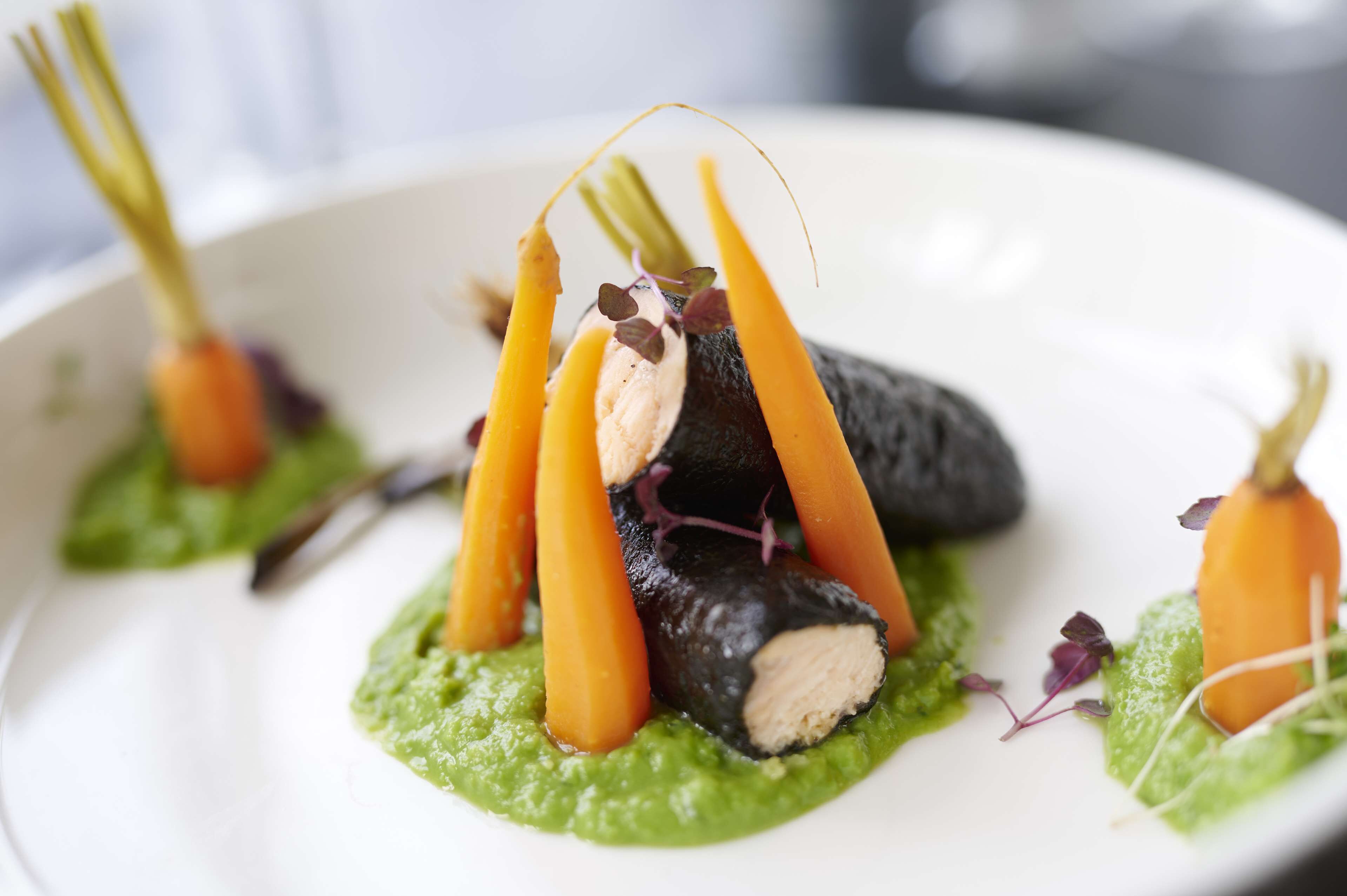 A plate of food with a green sauce base, topped with a dark item, orange carrot sticks, and purple garnish.