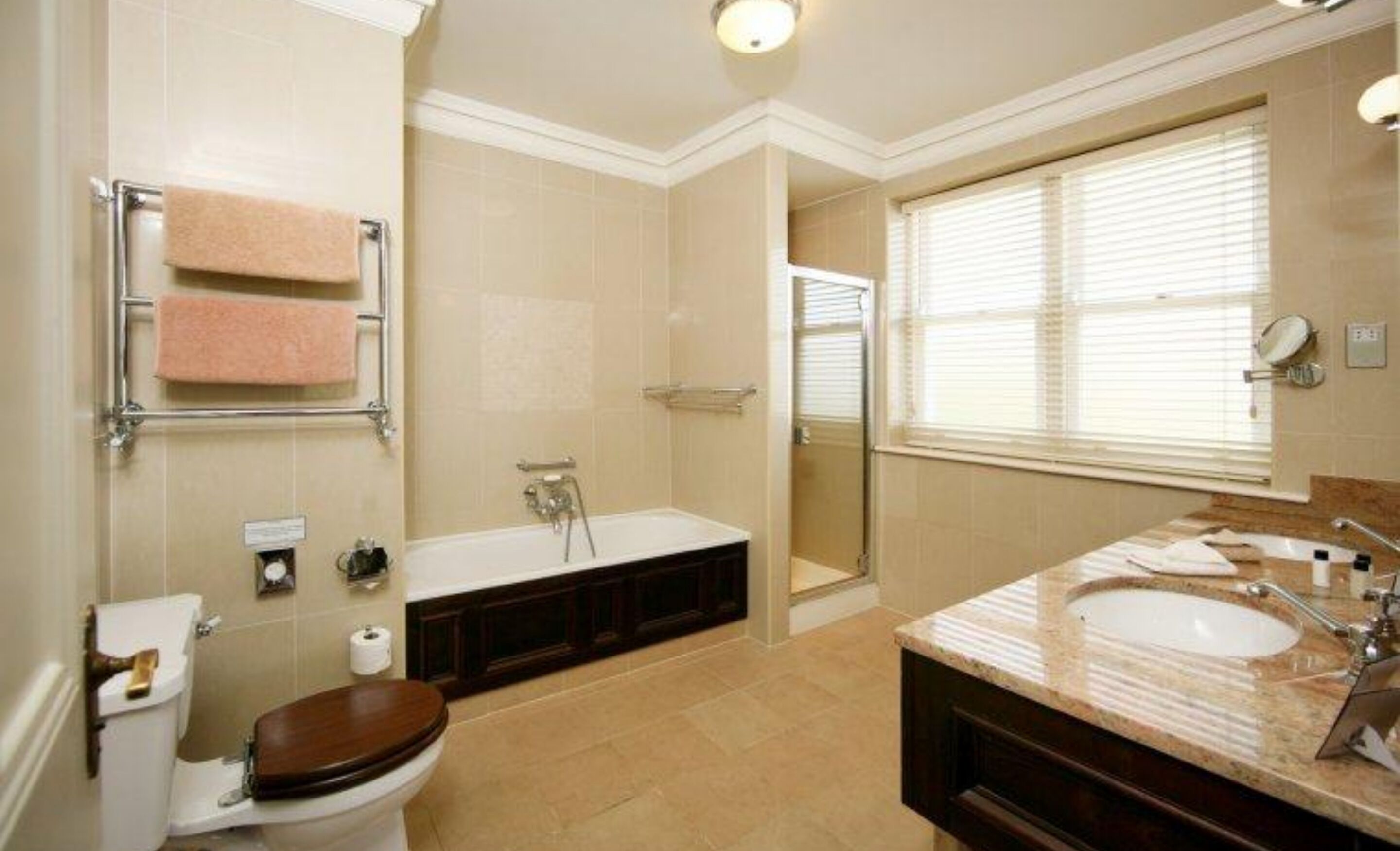 separate bathtub and shower, free toiletries, hair dryer, bathrobes