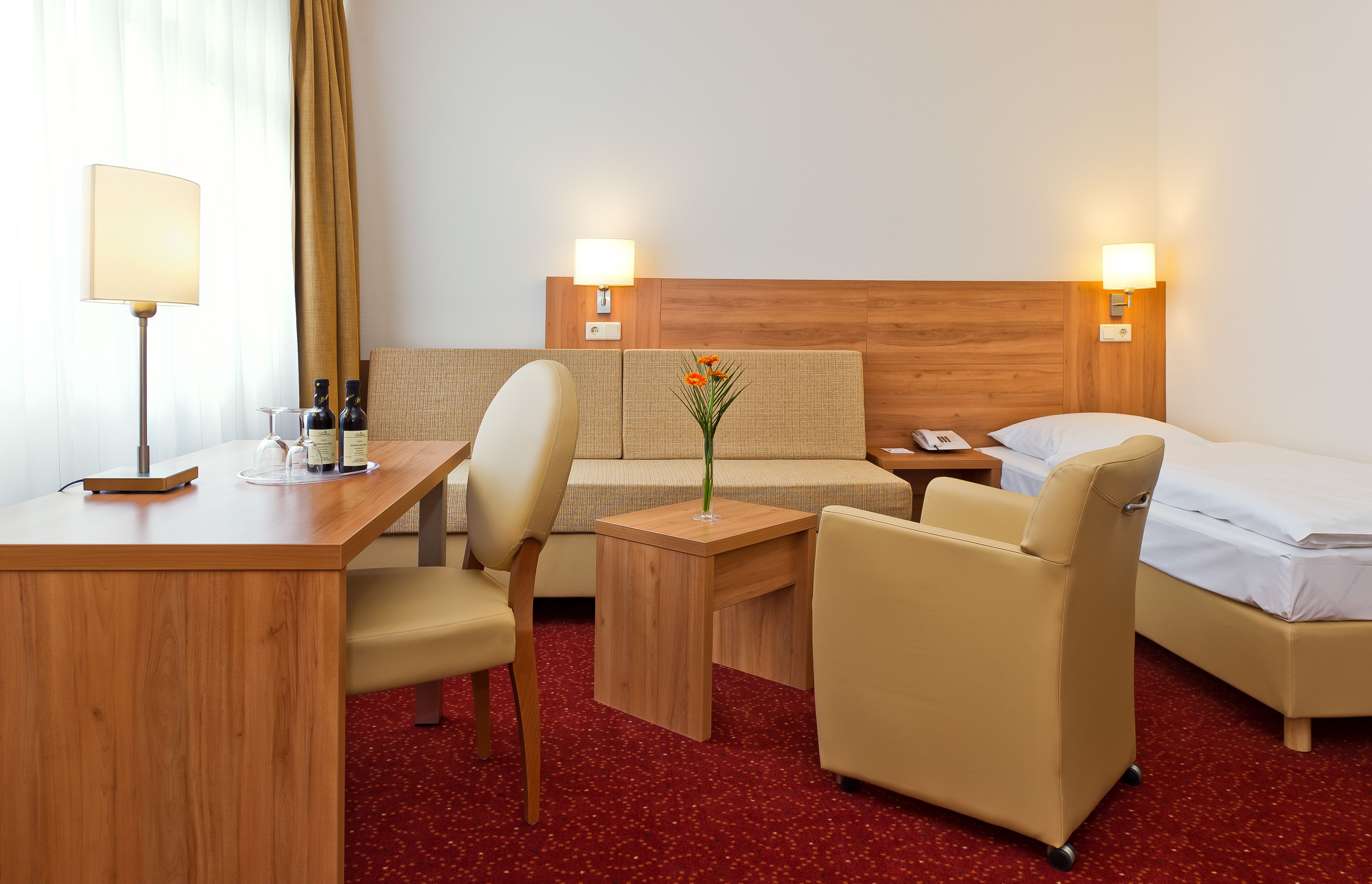 premium bedding, down duvets, desk, blackout curtains