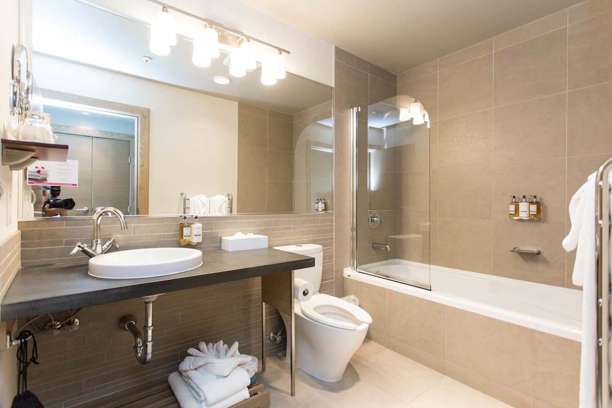 designer toiletries, hair dryer, bathrobes, slippers