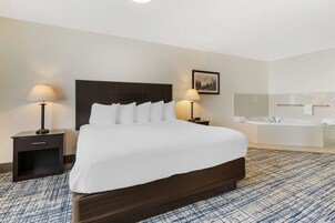 Habitación de hotel con una cama grande, dos mesitas de noche con lámparas, un baño con bañera y un cuadro enmarcado en la pared.