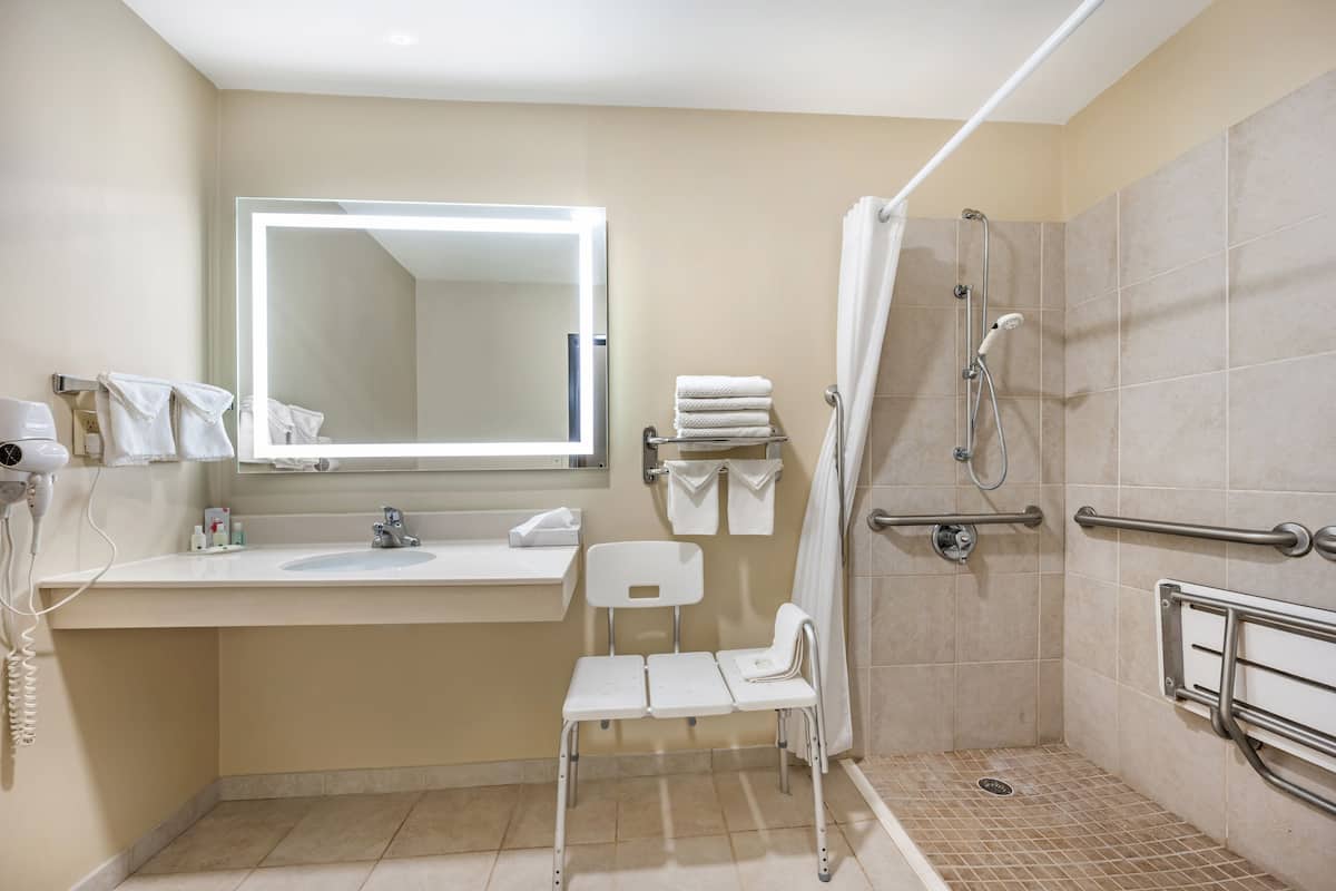 2 queen beds (mobility accessible, walk-in shower, non smoking) | bathroom | combined shower/bathtub, free toiletries, hair dryer, bathrobes