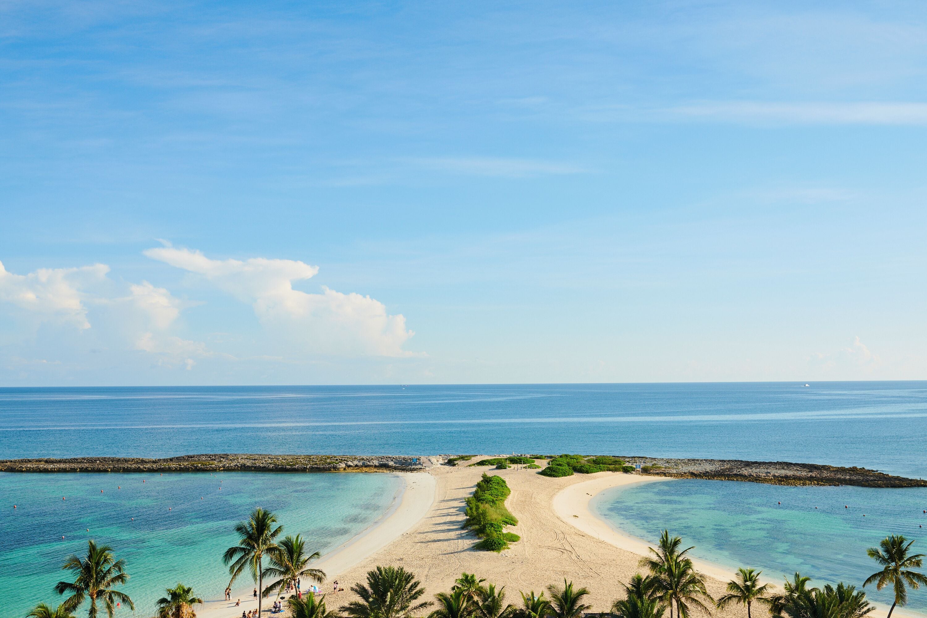 A beach with clear turquoise water, palm trees, and a sandy shore.