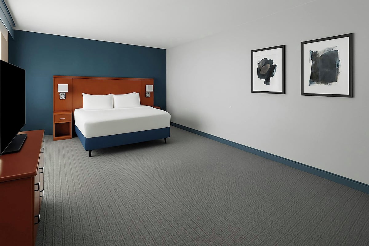 Een hotelkamer met een bed, een bureau, een televisie en twee ingelijste kunstwerken aan de muur.