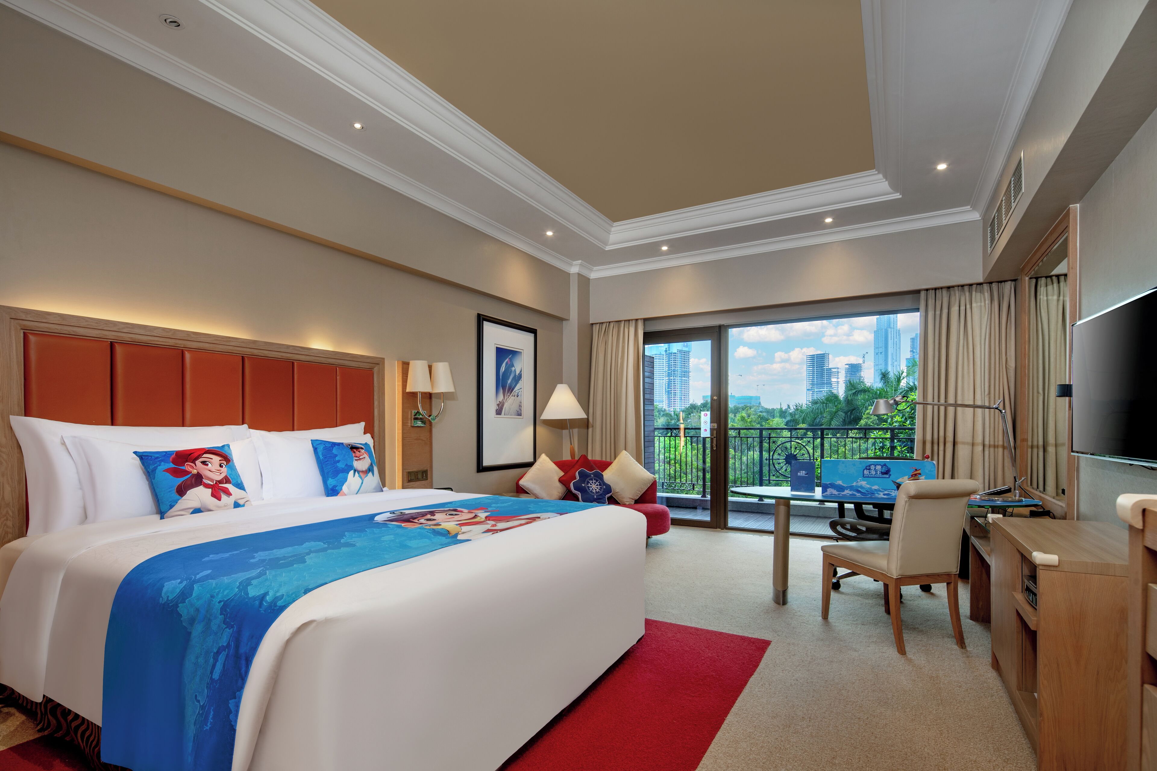 A hotel room with a large bed, a desk, a chair, a TV, and a balcony with a city view.