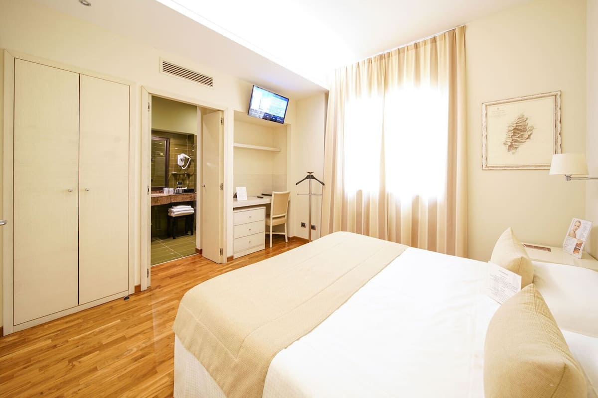 Una habitación de hotel con cama, escritorio, silla, televisor y armario.