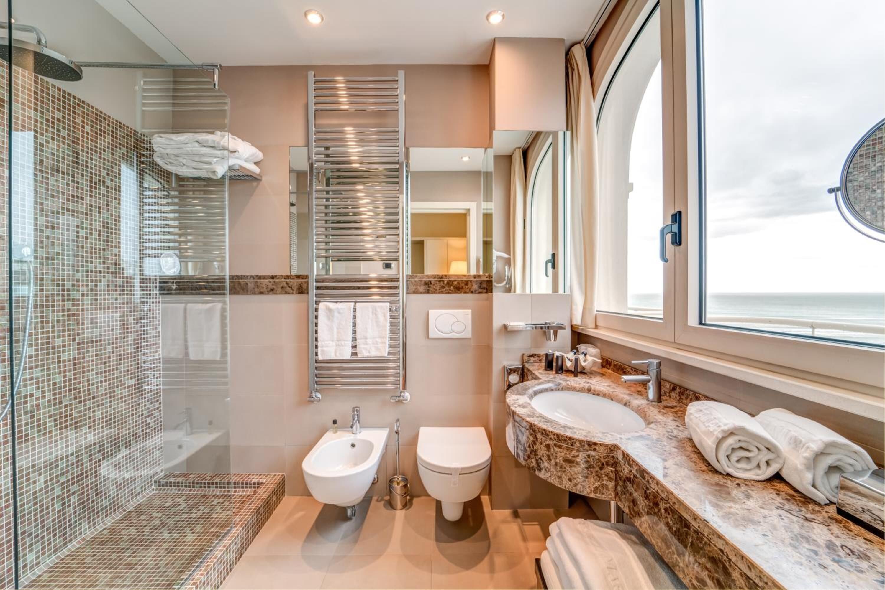 shower, rainfall showerhead, hair dryer, bathrobes