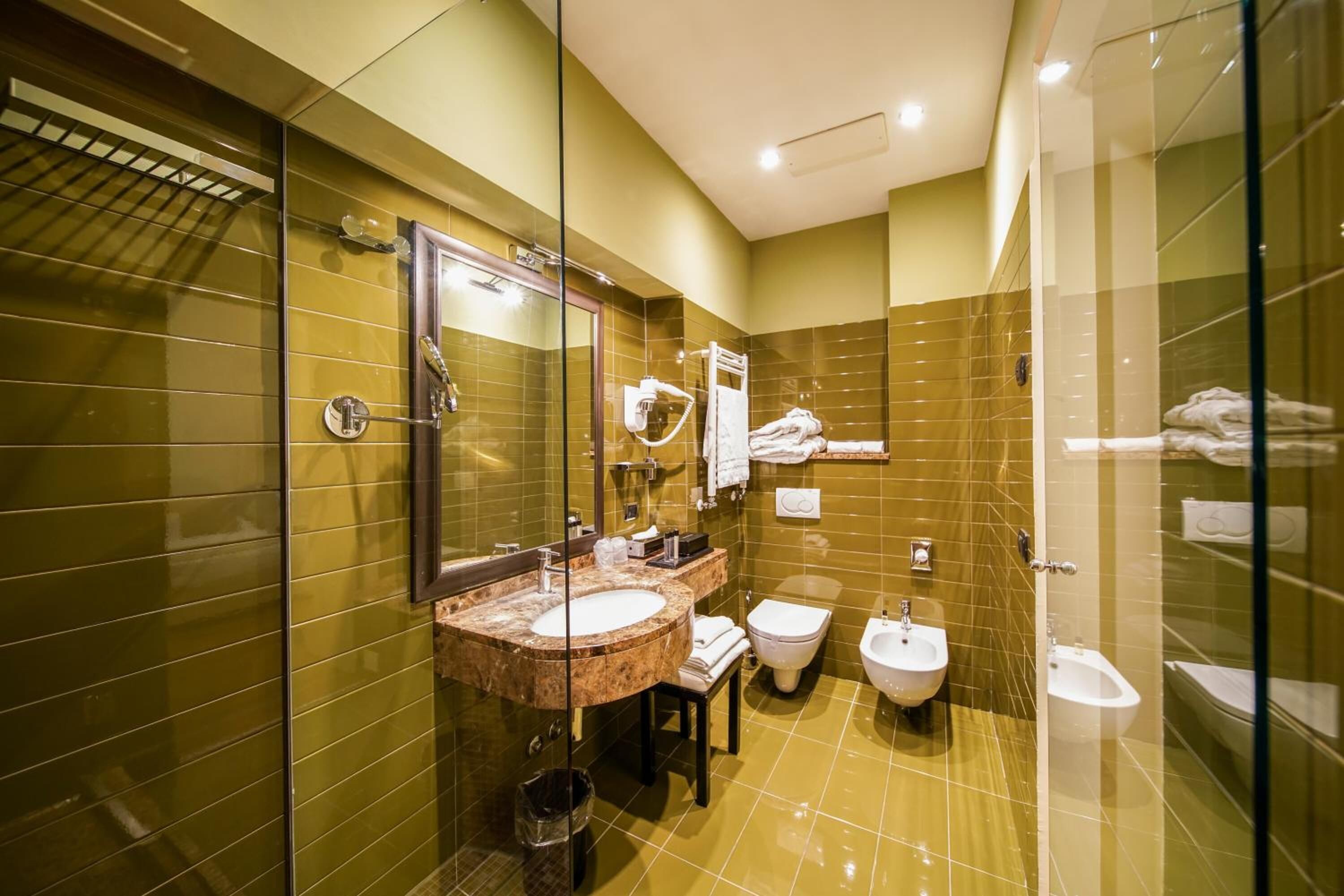 shower, rainfall showerhead, hair dryer, bathrobes