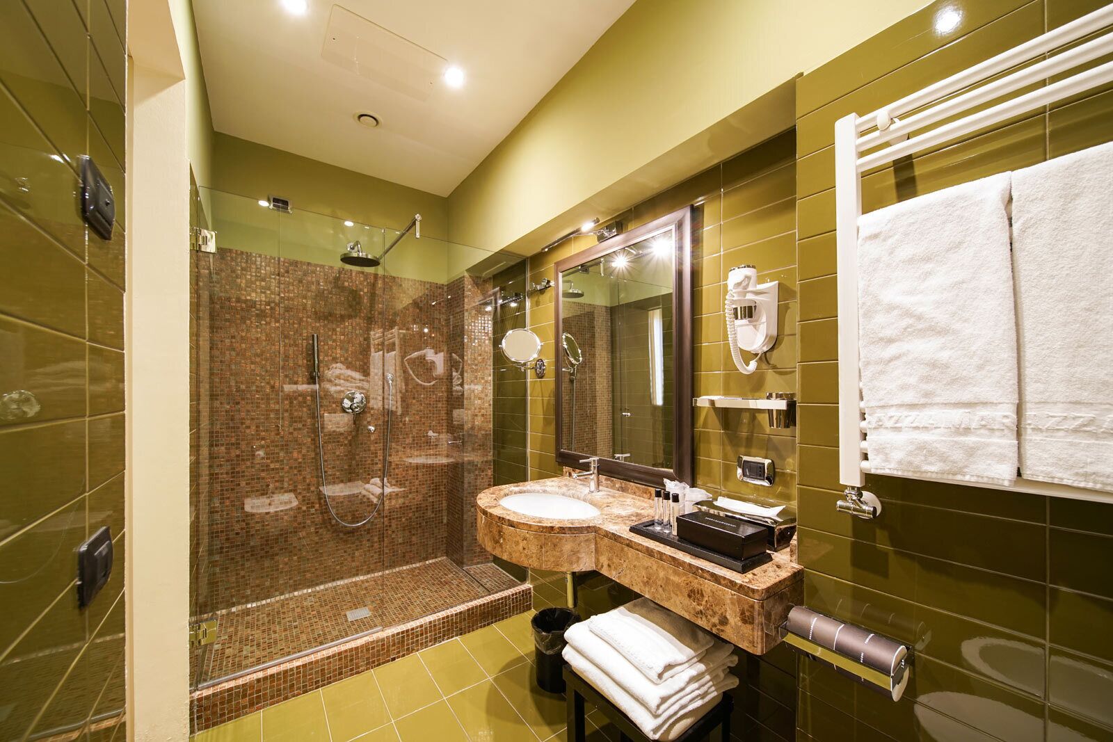 shower, rainfall showerhead, hair dryer, bathrobes