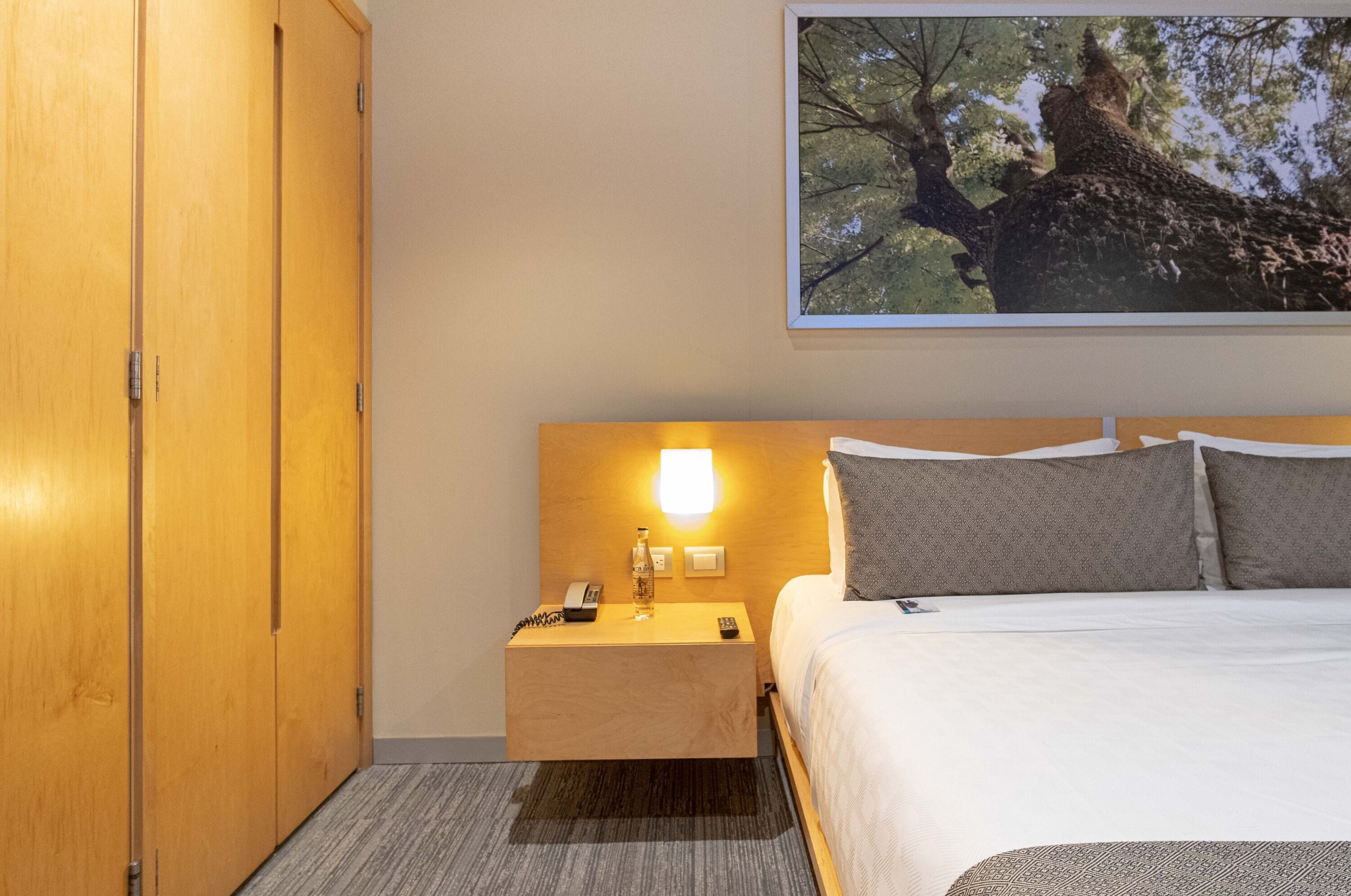 A hotel room with a bed, a nightstand with a lamp, a phone, and a painting of a tree on the wall.