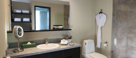 A modern bathroom with a granite countertop, a large mirror, a toilet, and a glass-enclosed shower.