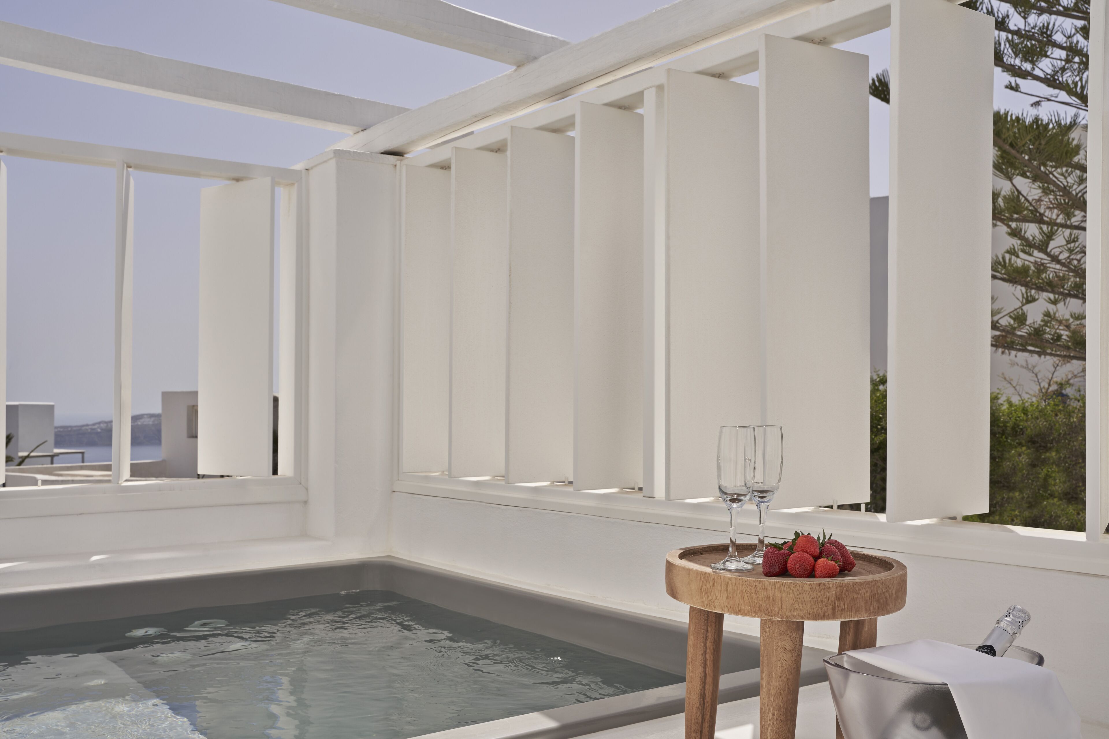 A modern spa area with a hot tub, a wooden table with a glass of wine and strawberries, and a champagne bottle.