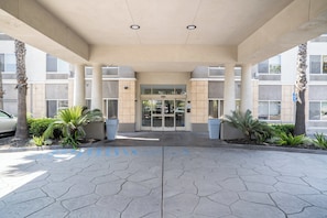 A building entrance with a covered walkway, glass doors, and palm trees.