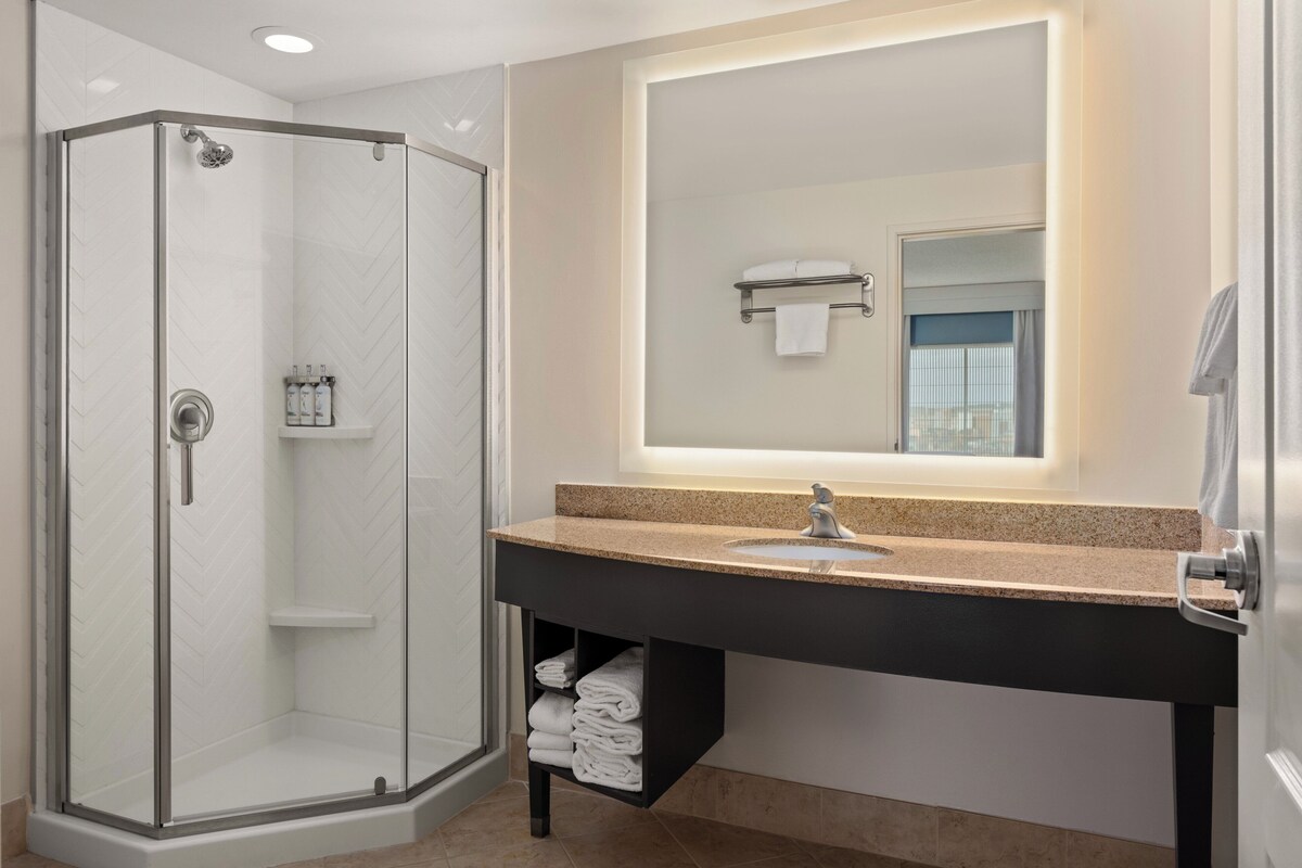 Une salle de bain moderne avec une douche à parois de verre, un meuble-lavabo et un grand miroir.