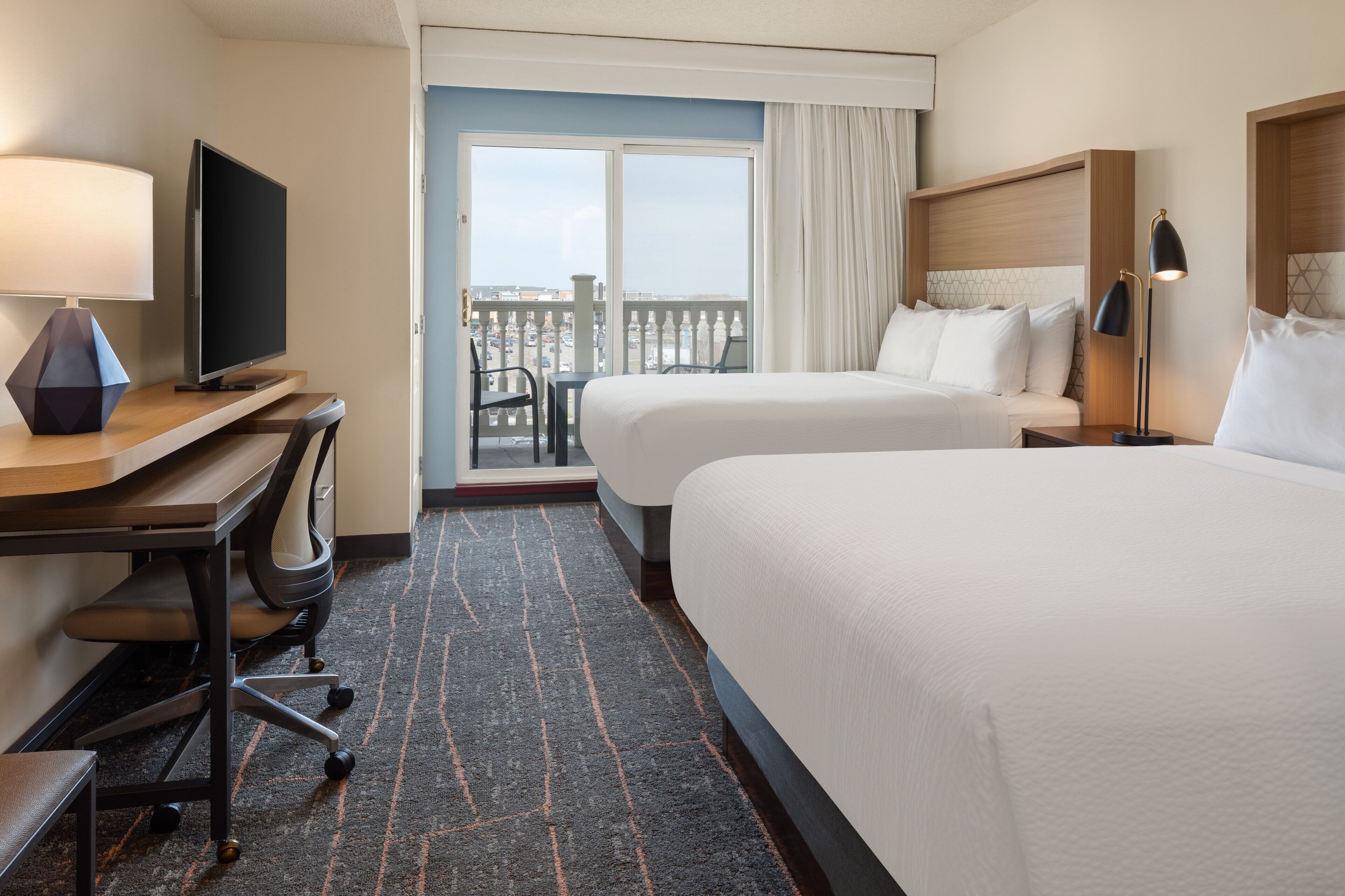 Desk, laptop workspace, blackout curtains, iron/ironing board