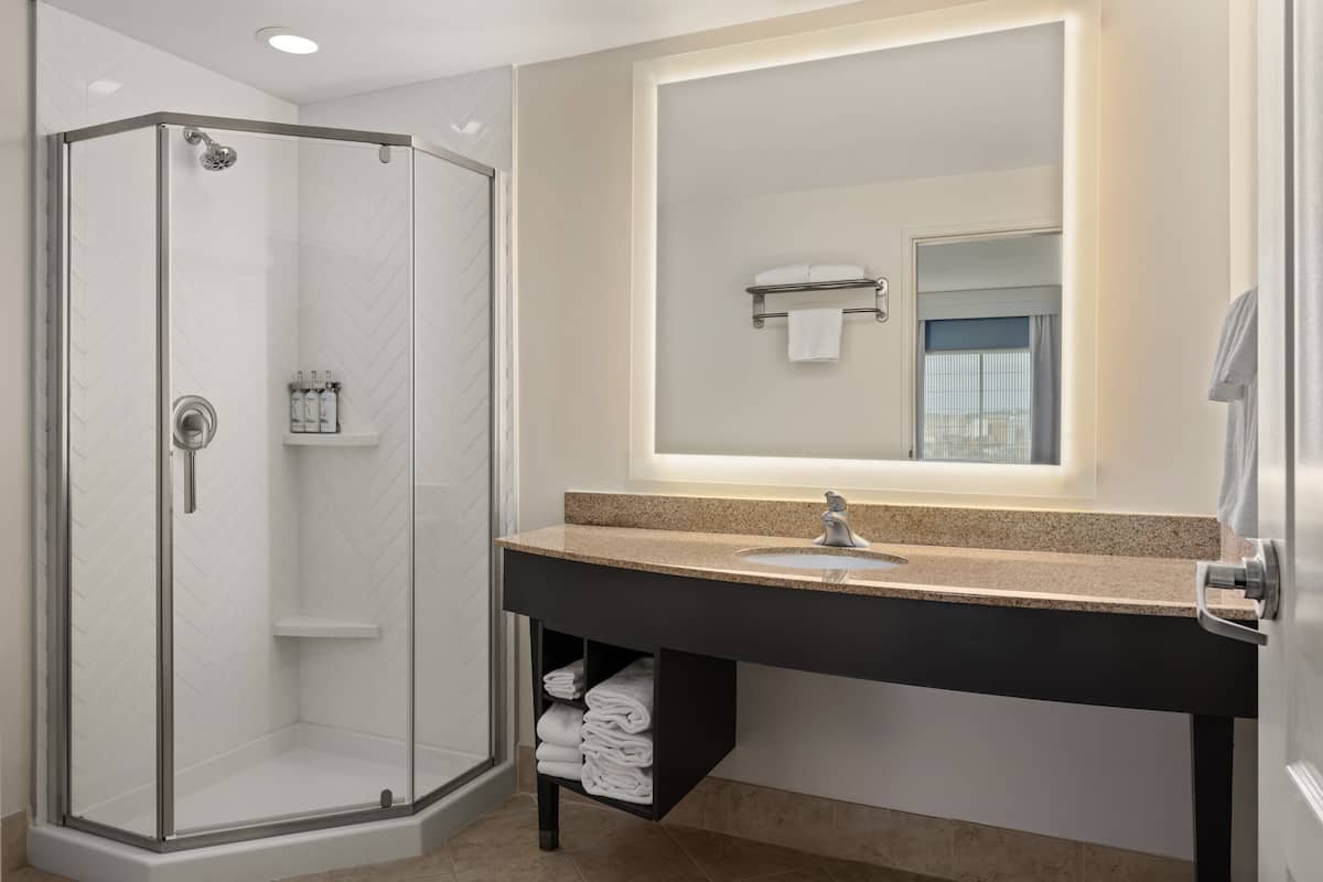 Un baño moderno con ducha de vidrio, tocador con lavamanos y un espejo grande.