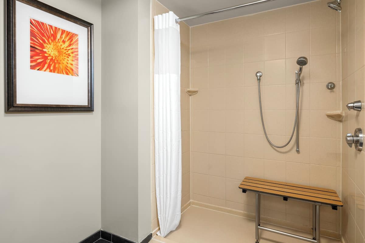 A shower with a handheld showerhead, a bench, and a framed picture on the wall.
