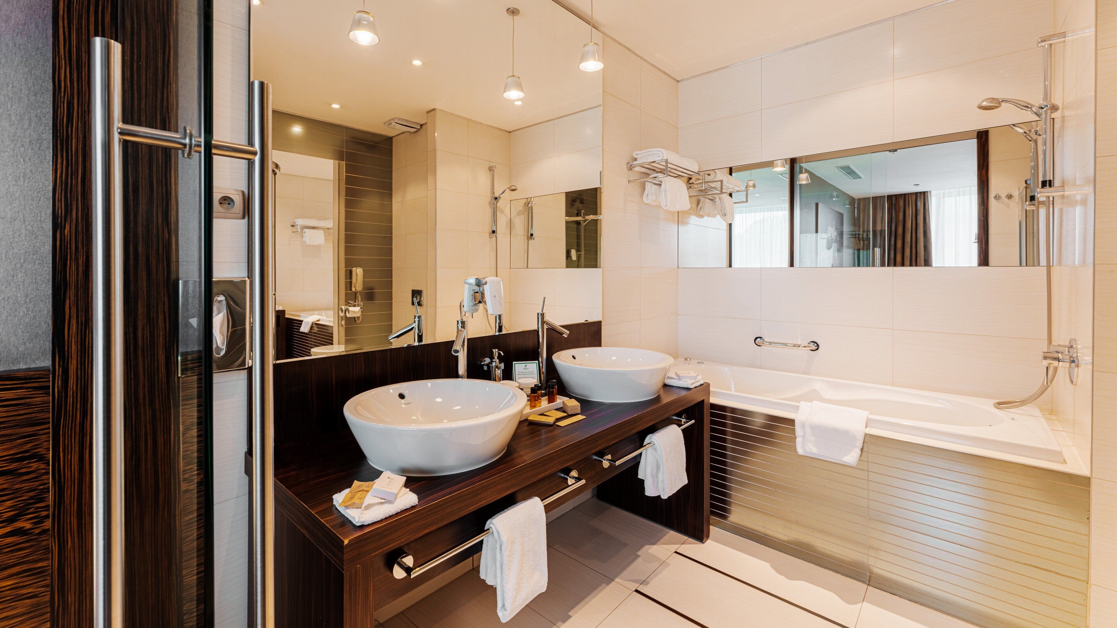 combined shower/bathtub, free toiletries, hair dryer, bathrobes