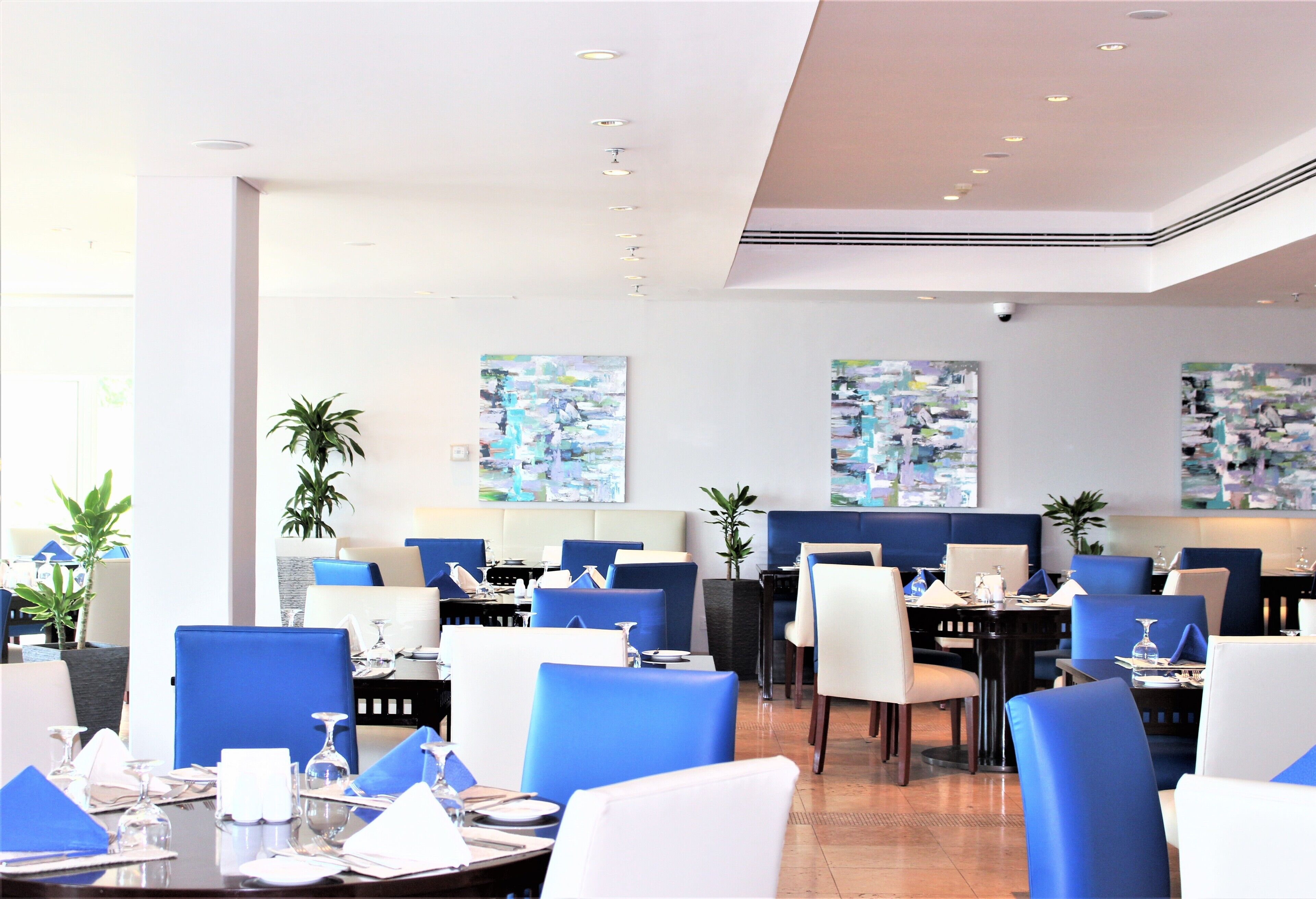 A modern restaurant with blue and white chairs, tables set for dining, and abstract art on the walls.