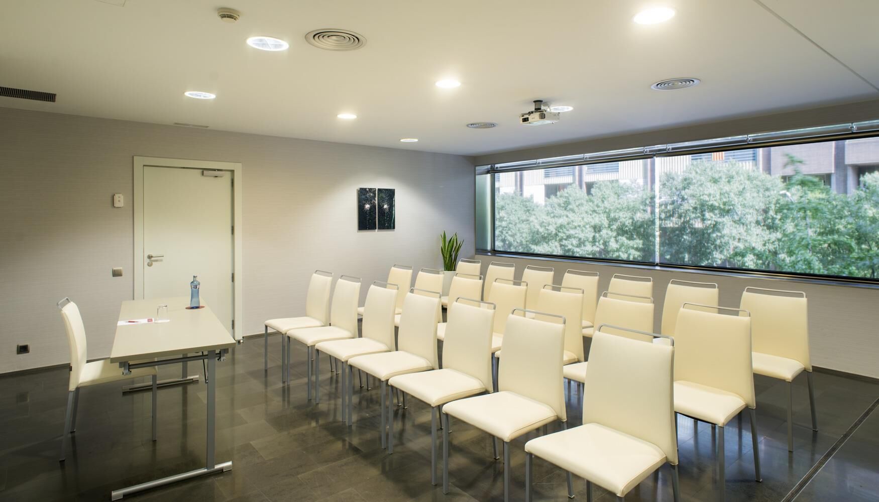 Un salón de conferencias con una mesa larga y varias sillas, una puerta, una planta en maceta y una ventana con vistas a árboles.