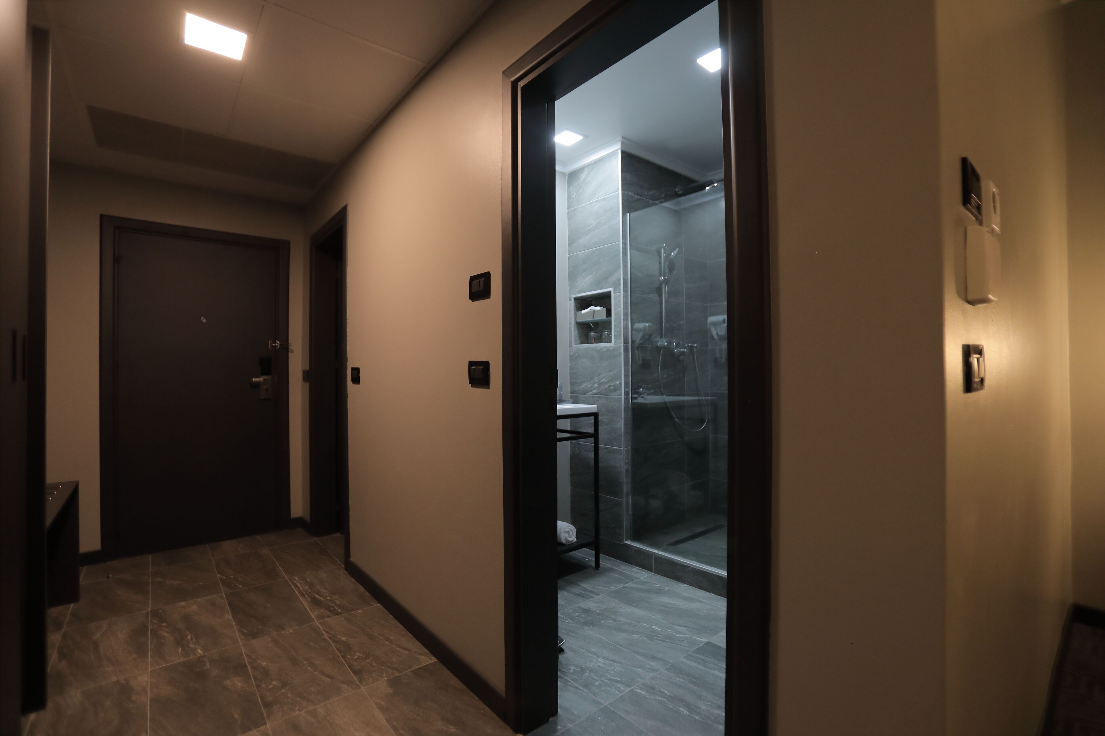 shower, rainfall showerhead, designer toiletries, hair dryer