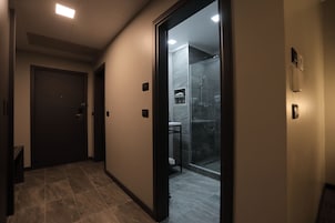 Shower, rainfall showerhead, designer toiletries, hair dryer
