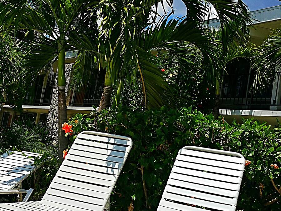 Deux fauteuils de relaxation blancs, dotés d’une structure en métal, sont placés sur une surface en béton ornée d’un motif en forme de grille métallique.