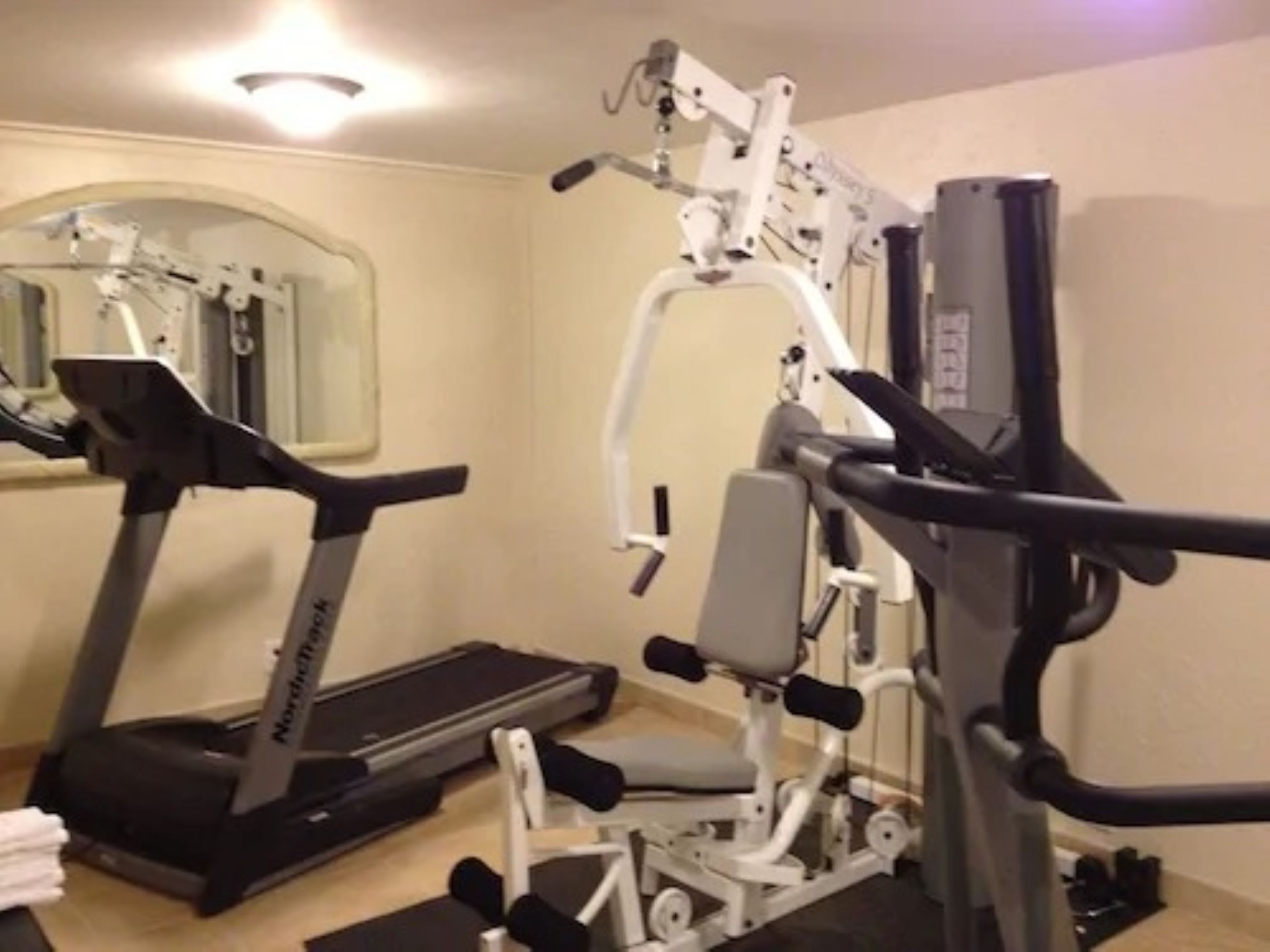 Una palestra in casa con tapis roulant, panca per pesi e diverse macchine per esercizi.
