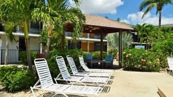 Alberca al aire libre, sombrillas en la alberca y camastros