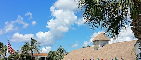 Un parking avec plusieurs voitures, un bâtiment sur lequel on peut lire l’inscription « TIKI HUT BARBECUE », et plusieurs drapeaux.