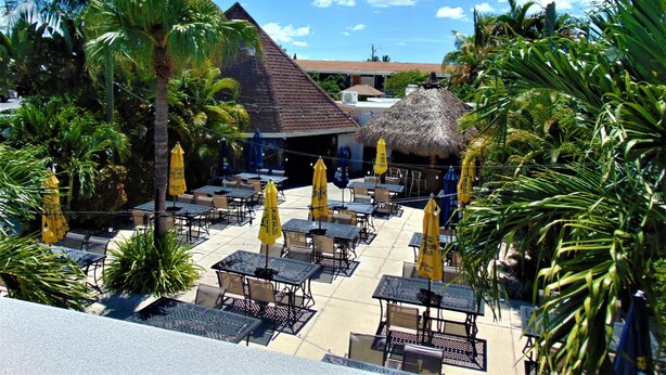 An outdoor seating area with tables and chairs, surrounded by palm trees and a thatched-roof structure. - Dolphin Key Resort (Cape Coral)