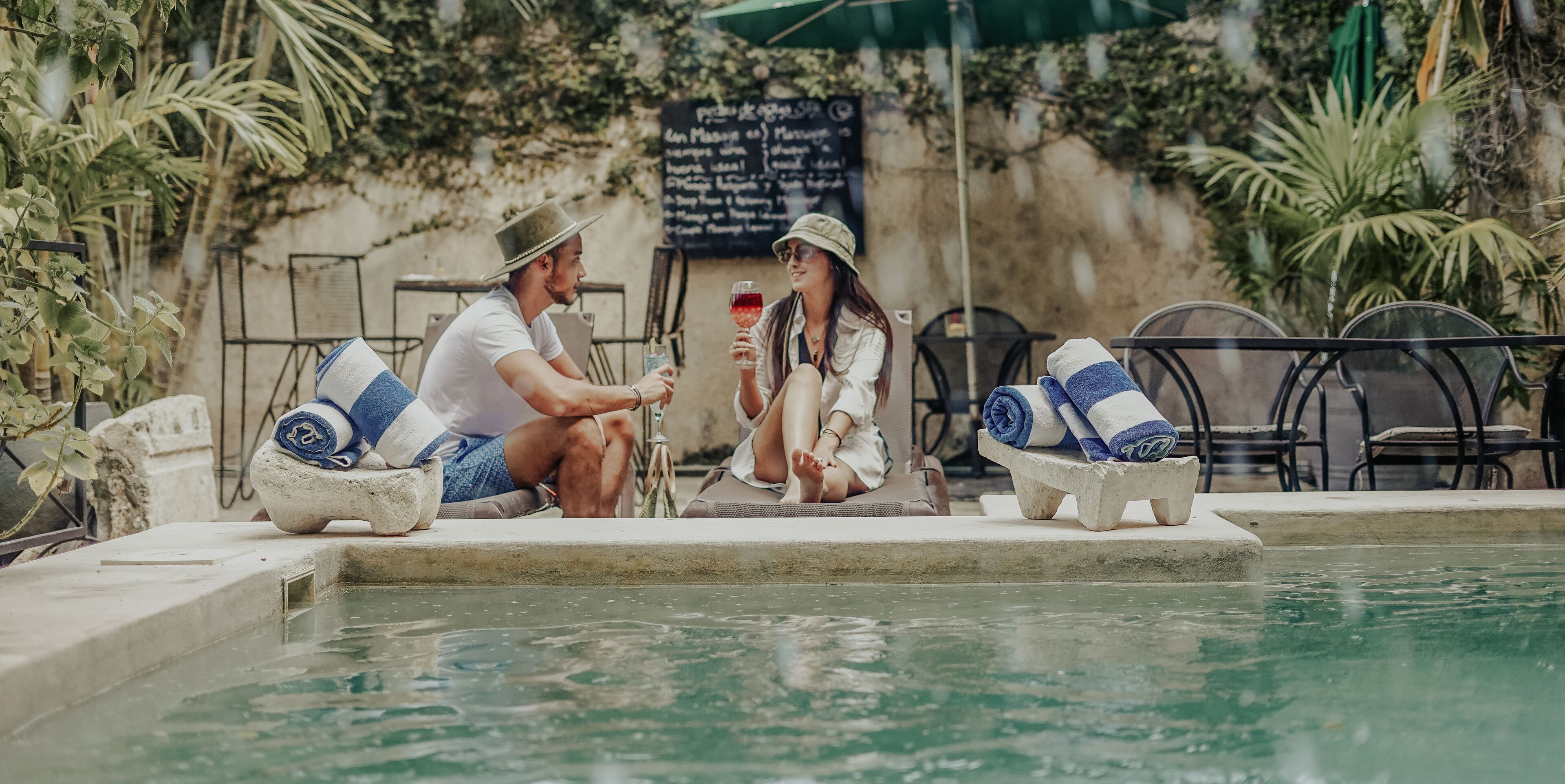 outdoor pool, pool loungers