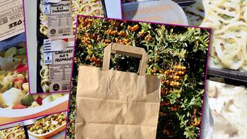 Un collage de alimentos, incluyendo pasta tagliatelle, una bolsa de papel y una bandeja de comida.