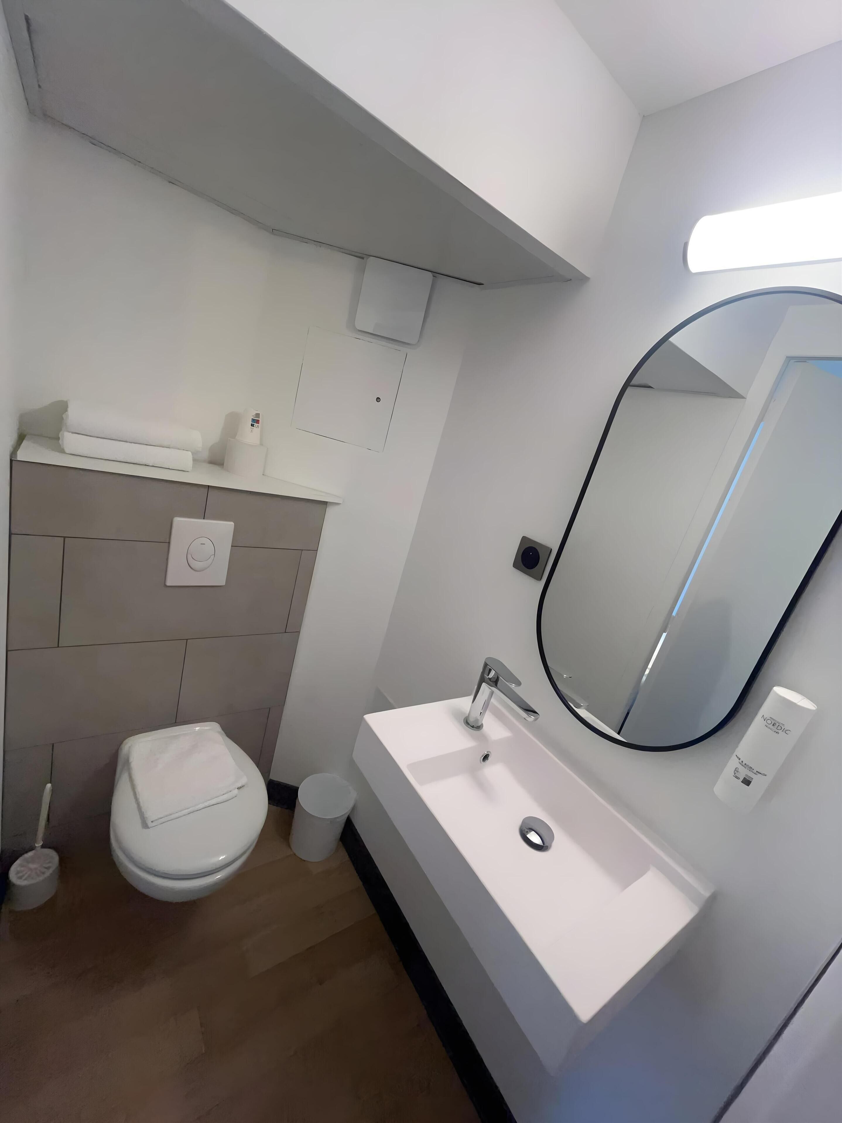 A modern bathroom with a toilet, sink, and mirror.