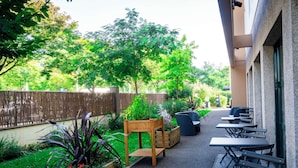 Un área de patio con mesas y sillas de madera, rodeada de macetas y follaje.