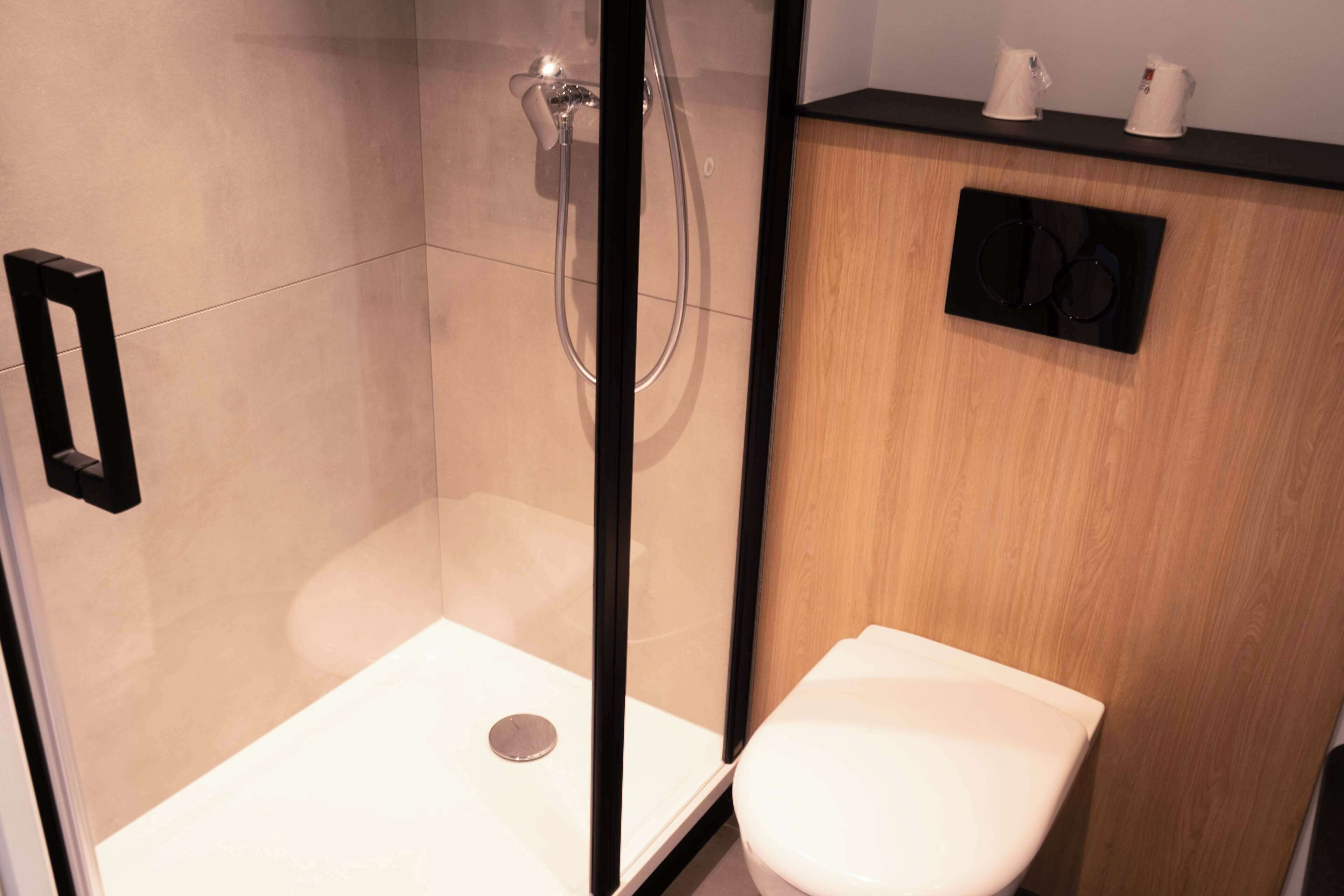A modern bathroom with a glass-enclosed shower, a white toilet, and a wooden vanity with a black sink.
