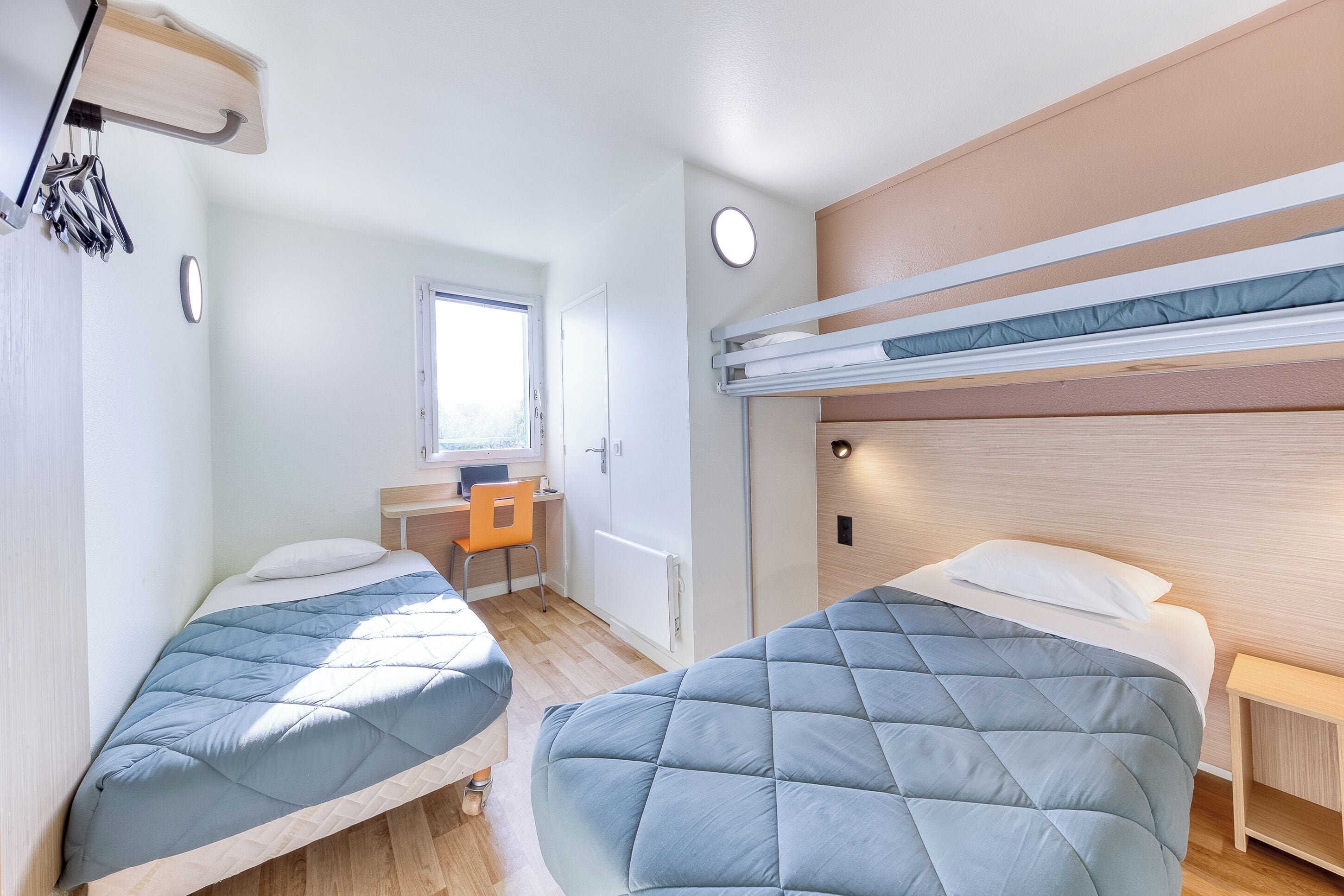 Desk, laptop workspace, blackout curtains, free WiFi