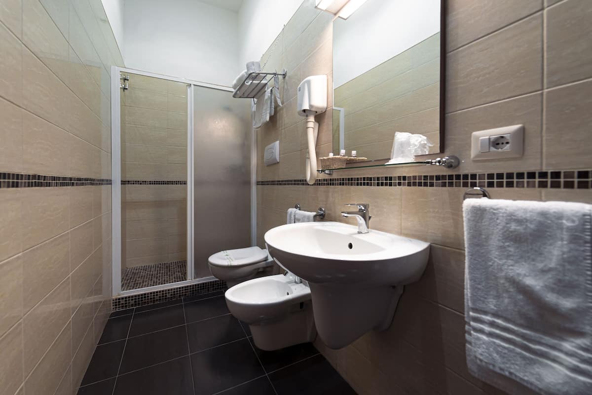 Einzelzimmer | Badezimmer | Dusche, kostenlose Toilettenartikel, Haartrockner, Hausschuhe