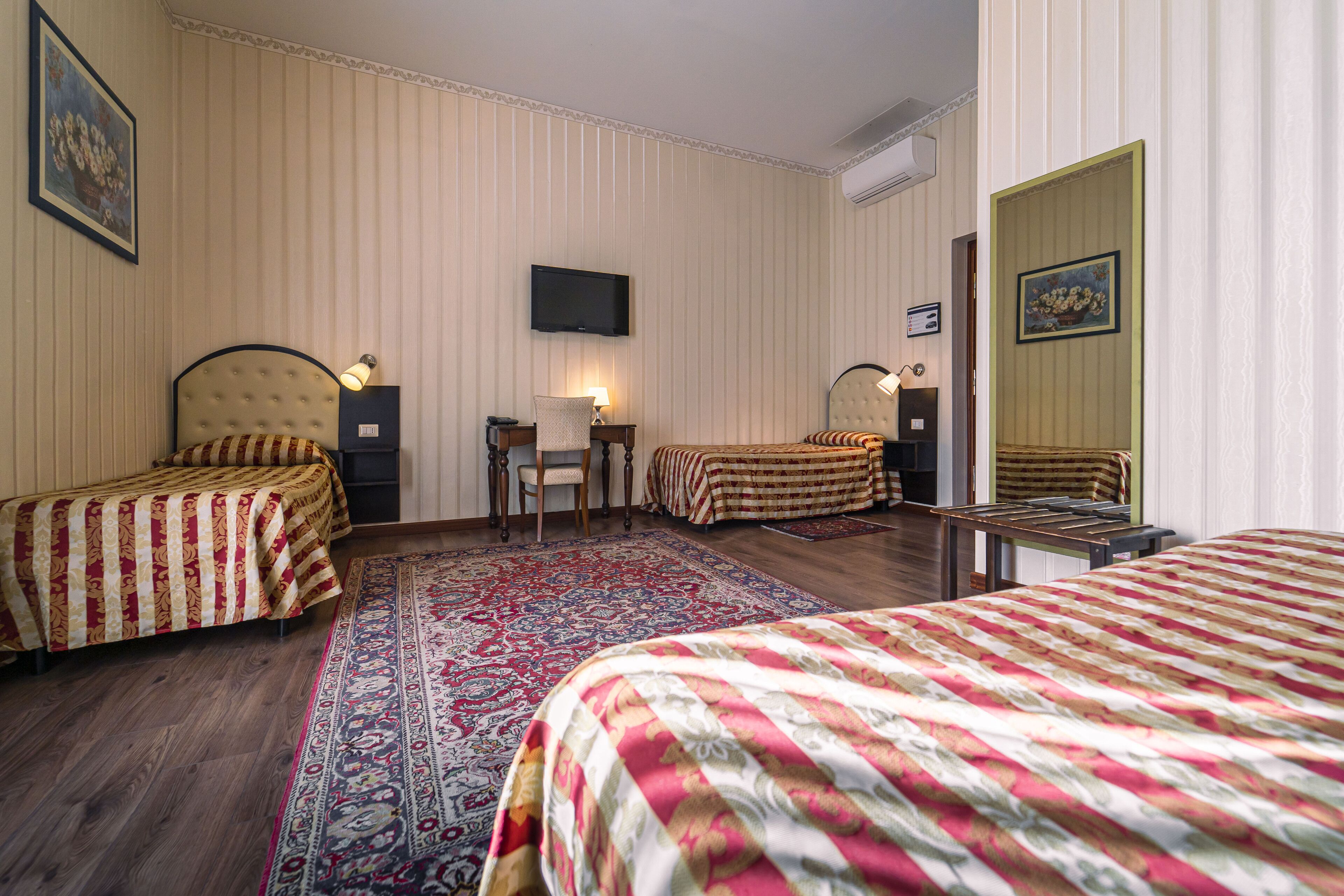 A hotel room with two single beds, a desk, a chair, a television, and a patterned rug.