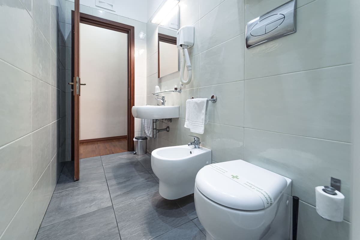 Doppelzimmer zur Einzelnutzung | Badezimmer | Dusche, kostenlose Toilettenartikel, Haartrockner, Hausschuhe