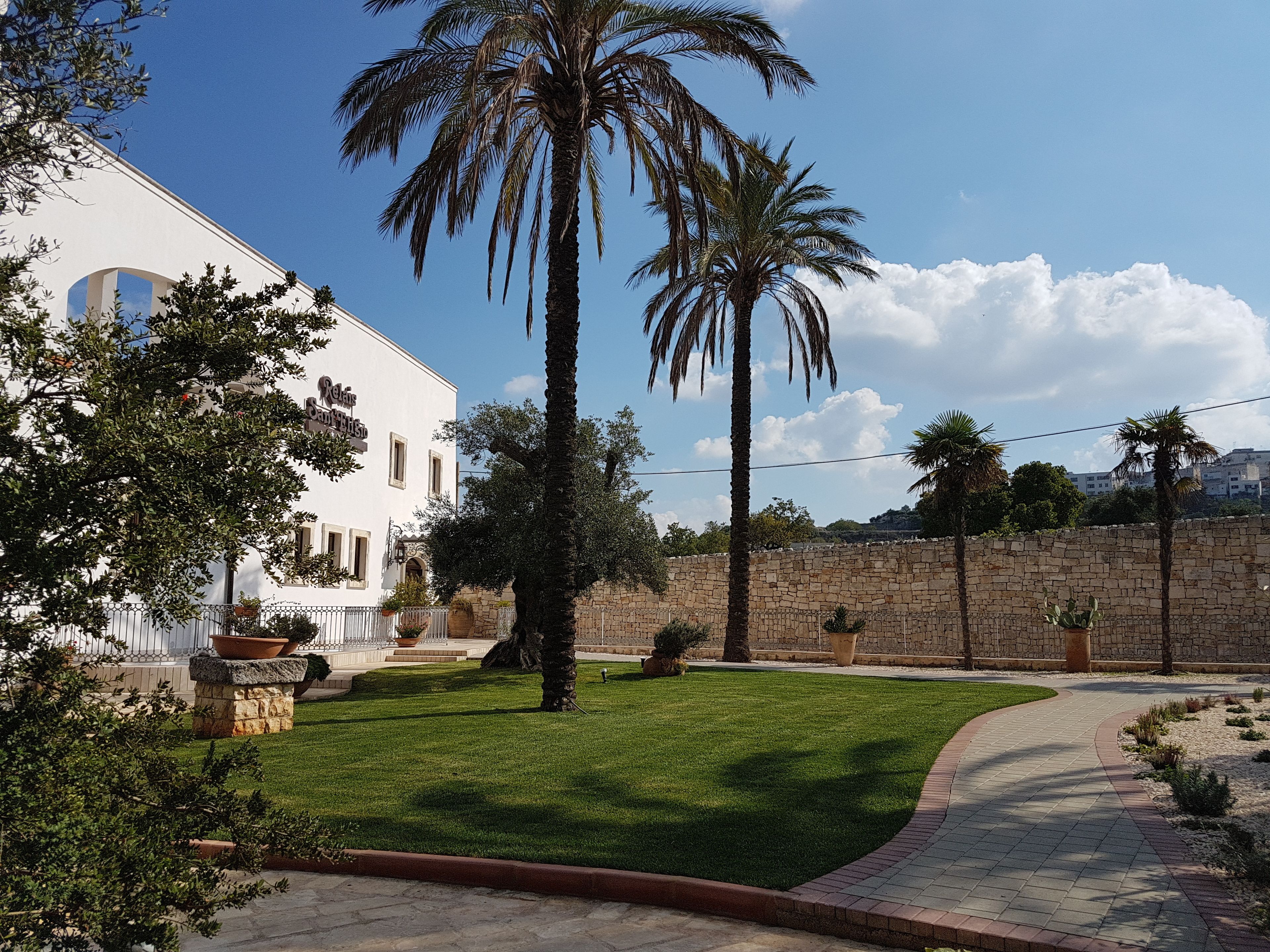 Un patio con una palmera, un edificio blanco con ventanas de arco y un muro de piedra.