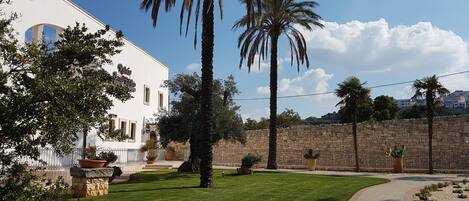 Un patio con una palmera, un edificio blanco con ventanas de arco y un muro de piedra.