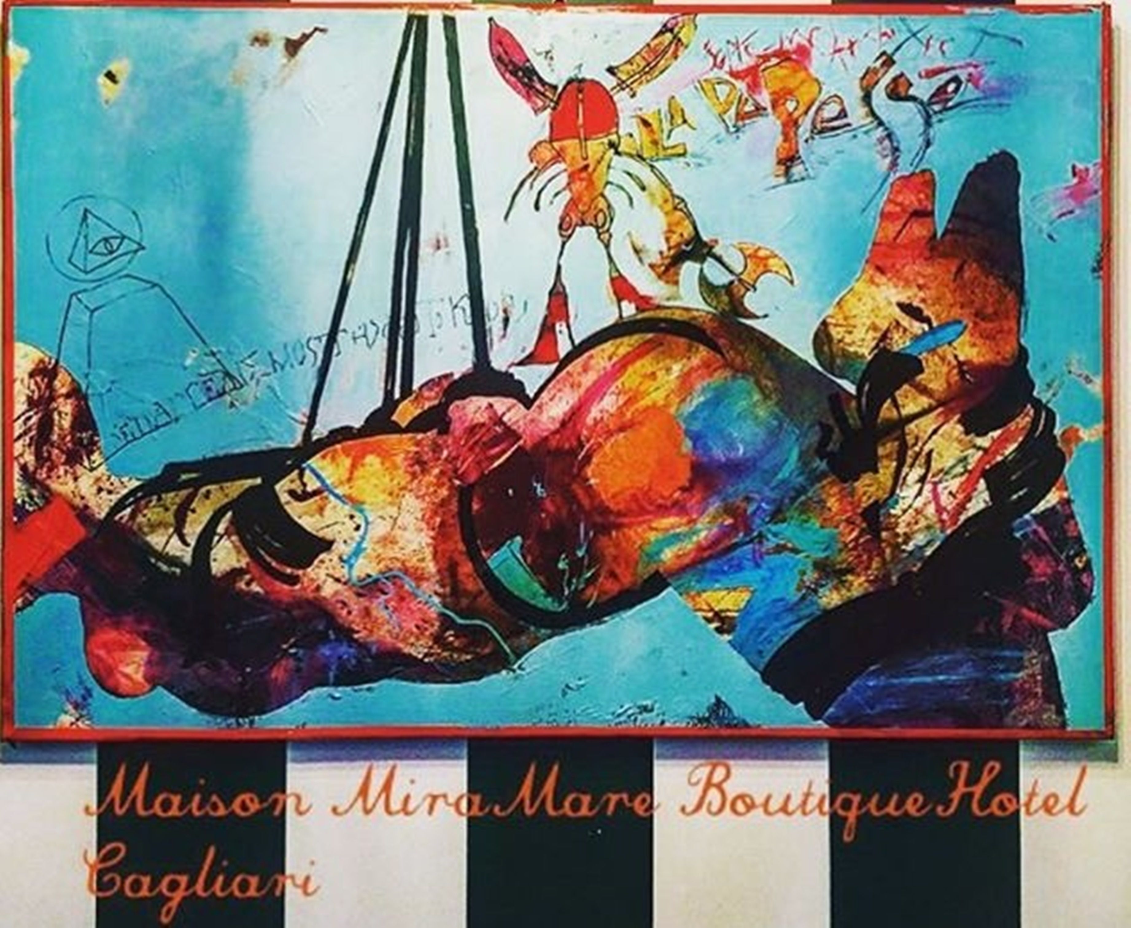 Un'opera d'arte colorata con figure astratte e testo, tra cui si leggono 