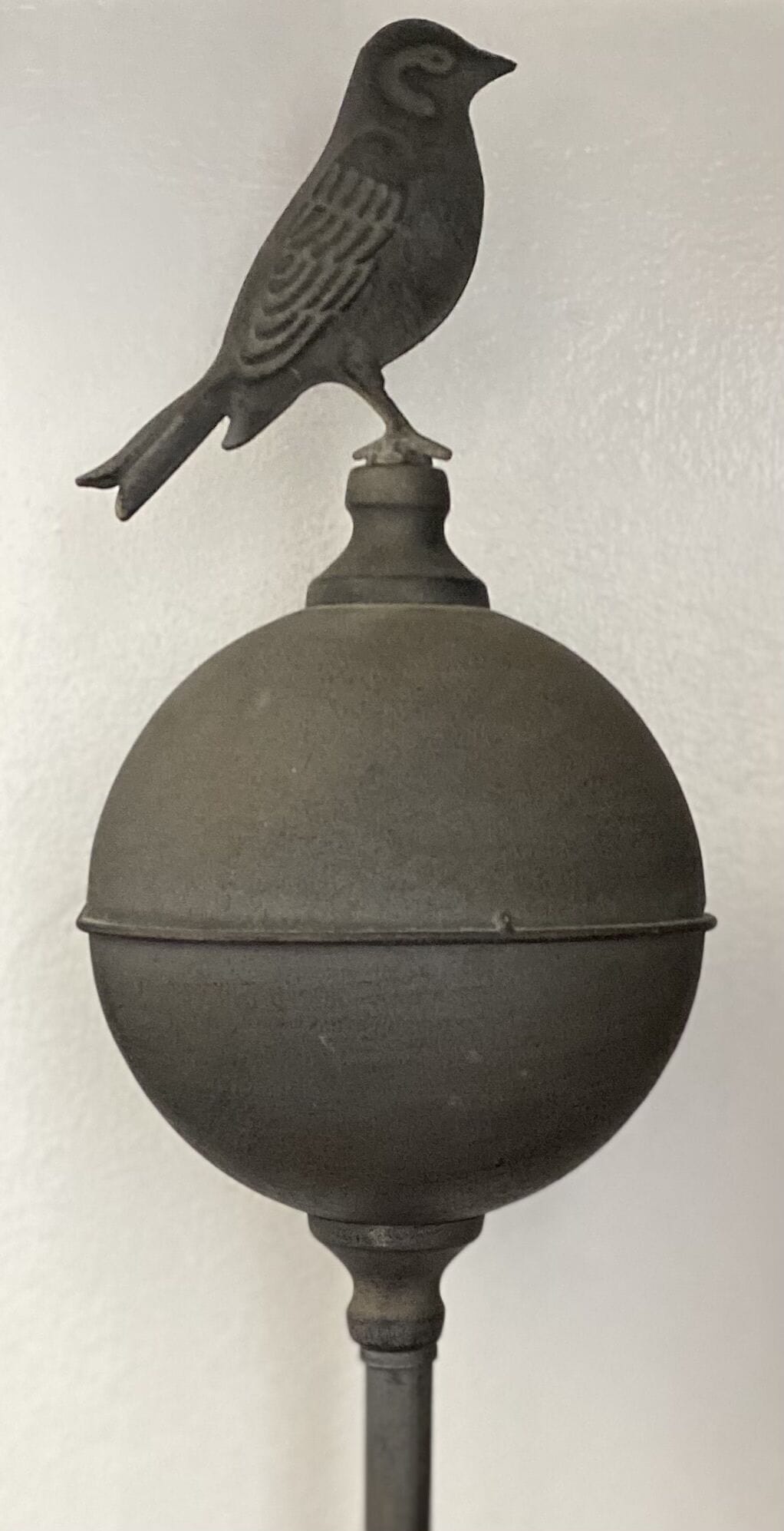 A bird perched on a spherical object with a narrow stem.